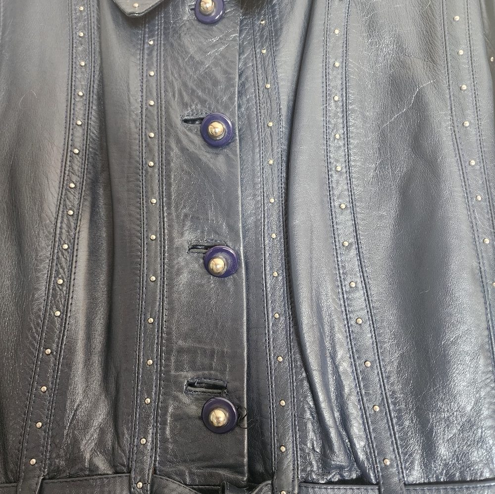 Chic Navy Blue, Gamolin Of Barcelona Vintage Leather Studded Women's Trench Coat - Picture 6 of 16